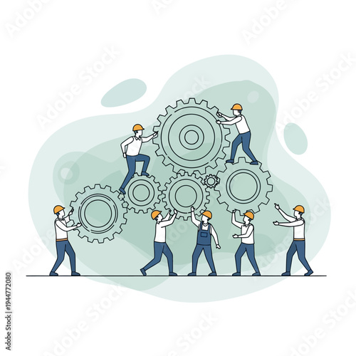 Teamwork and Collaboration: People working together to turn gears, symbolizing synergy and success
