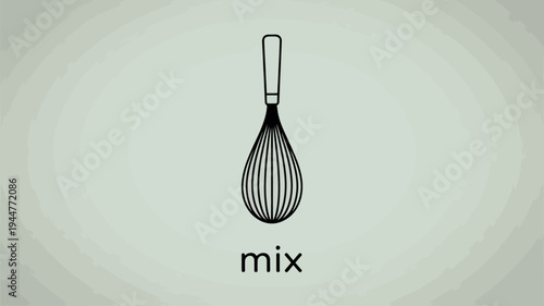 A minimalist illustration depicts a single black whisk centered on a light gray background with the word mix below high quality professional detailed modern elegant stylish
