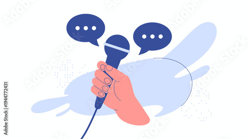 A stylized illustration depicts a hand holding a microphone with two speech bubbles above suggesting a conversation or broadcast high quality professional detailed modern elegant stylish