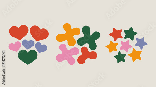A colorful arrangement of abstract shapes hearts florals and stars are displayed against a neutral pale beige background high quality professional detailed modern elegant stylish clean