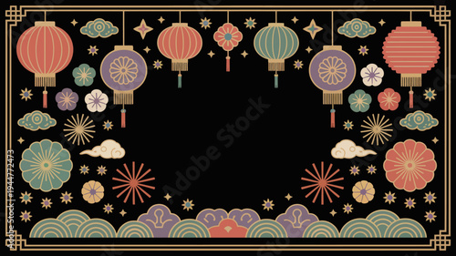 An ornate black background features a symmetrical arrangement of vibrant round paper lanterns and stylized floral and celestial motifs high quality professional detailed modern elegant stylish