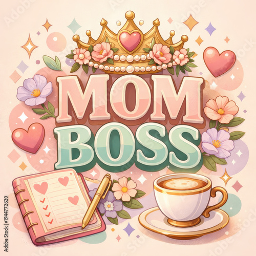 Cute Mom Boss lettering with crown, flowers, coffee cup, and planner in soft pastel style. Perfect for Mothers Day cards, empowering mom gifts, lifestyle blogs, and social media posts.