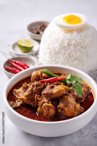 Spicy malaysian rendang with steamed rice and boiled egg
