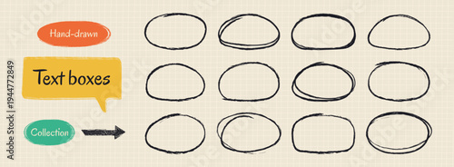 Doodle crayon hand-drawn text box collection. Round shapes, pencil sketch texture. Vector drawing ink illustration. Grunge brush outline text boxes for notes- speech box, shapes, elements.