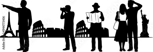 Tourists Sightseeing Silhouette Vector, Black and White Travel Photography Art
