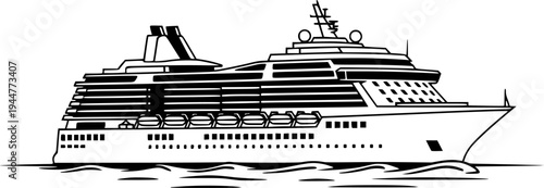 Luxury Cruise Ship on Ocean Flat Vector, Black and White Vacation Cruise Design
