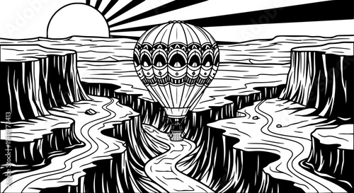 Hot Air Balloon Over Canyon Vector Illustration, Black and White Adventure Travel

