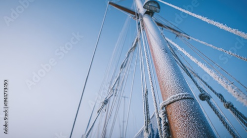 Frost-covered sailboat mast against clear blue sky in winter scene