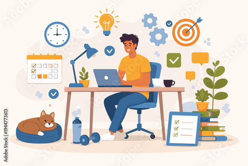 Productive man working remotely from home on a laptop with a sleeping cat, featuring time management icons like a clock, calendar, lightbulb, and target for efficient work-life balance.
