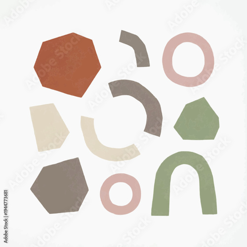Contemporary abstract composition featuring an array of organic and geometric shapes in muted, earthy tones, ideal for modern graphic design, minimalist aesthetics, and versatile background patterns