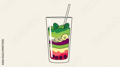 A vibrant and healthy layered smoothie with fresh fruit and greens in a glass with a straw.