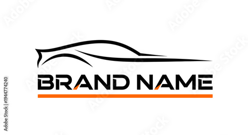Sleek car silhouette logo with brand name and orange accent.