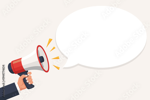 Vector Illustration of a Businessman Hand Holding a Megaphone with a Large Empty White Speech Bubble for Social Media Announcements, Marketing Promotions, and Business Communication Messages