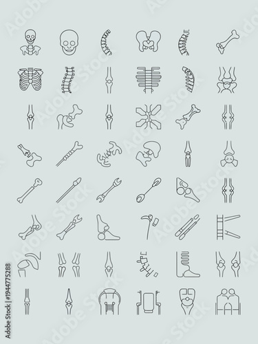 Collection of orthopedic and human bone thin line icons