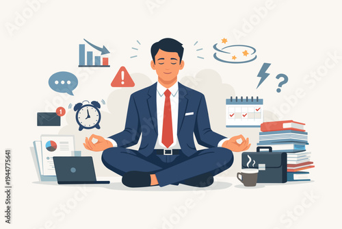 Vector illustration of a businessman in a suit meditating in lotus pose to manage stress and anxiety in a busy corporate office environment with work-related icons like clocks, emails, and charts.