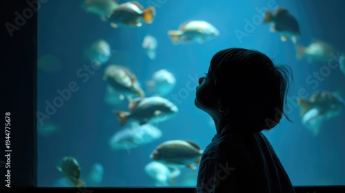 Young caucasian child observing fish in aquarium