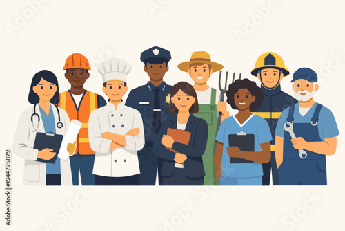 Diverse Group of People of Different Professions and Occupations Standing Together. Flat Vector Illustration of Workers Including Doctor, Chef, Police Officer, Farmer, Nurse, and Firefighter.