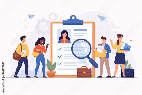 Vector illustration of diverse job candidates applying for a position with a giant resume clipboard, magnifying glass, and briefcase, representing recruitment, hiring, and career opportunities.