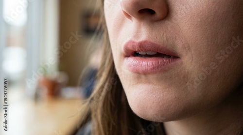 Woman speaking with open mouth and visible skin texture