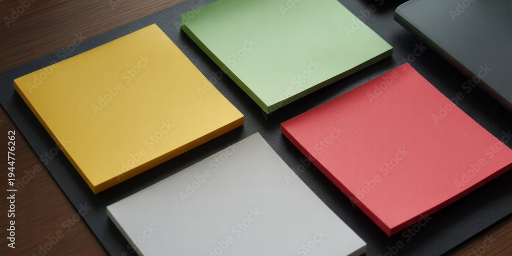 Fototapeta premium sticky notes on black desk mat, office supplies, stationery, yellow green red white paper blocks, workplace organization, minimalist desk setup, blank memo pads, business planning, creative 