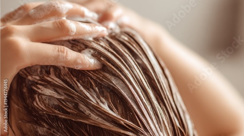 Female washing hair with shampoo lather