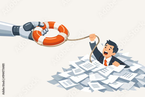 Robot hand with lifebuoy helping businessman drowning in pile of papers. AI automation assisting with heavy workload and bureaucracy. Digital transformation concept vector illustration.
