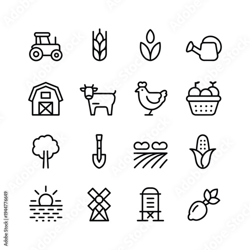 Minimalist agriculture and farming vector icon set for industry