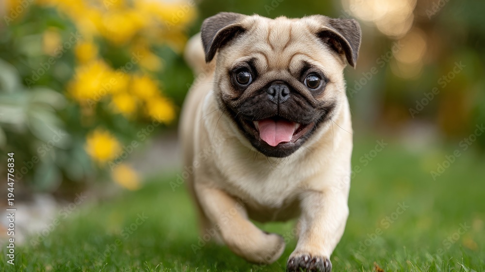Obraz premium Adorable Pug Puppy Running Happily in Lush Green Garden