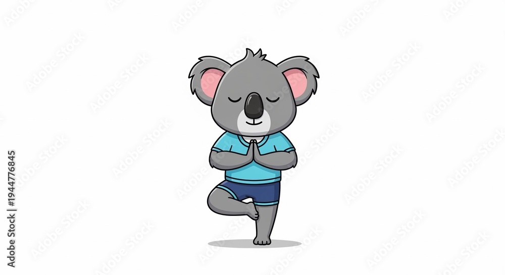 Naklejka premium Adorable cartoon koala in a peaceful yoga tree pose, promoting balance and wellness through mindful exercise