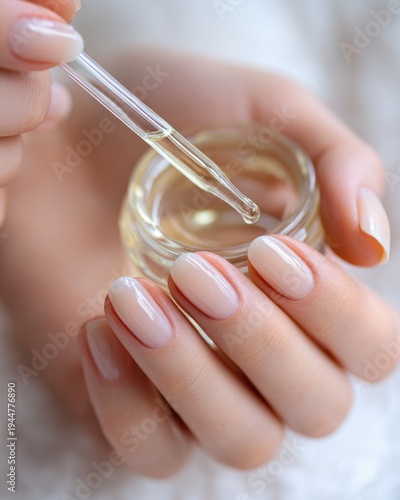 Close-up of female hands with natural manicure using nail oil dropper on glass jar