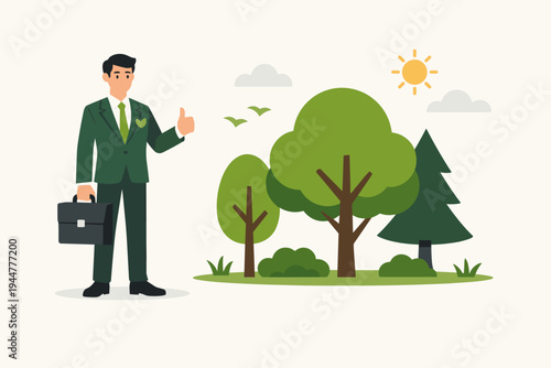 Sustainable business concept with an environmentally conscious businessman in a green suit standing by trees. Flat vector illustration of eco-friendly corporate responsibility and green growth.