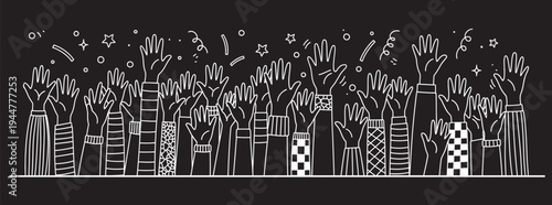 Cheering hands border set vector file, Many hands raised in joyful celebration, confetti falling, symbolizing community spirit and collective success