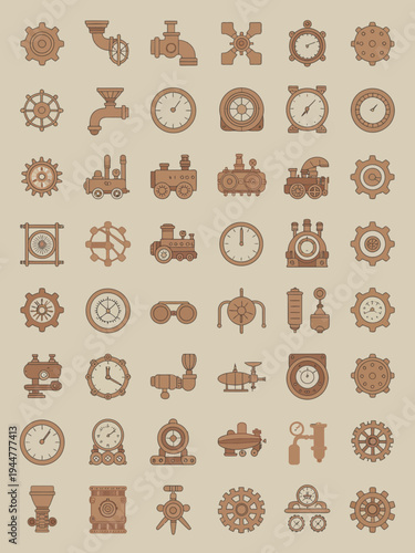 Vintage Steampunk Machinery Icon Set with Gears and Steam Engines