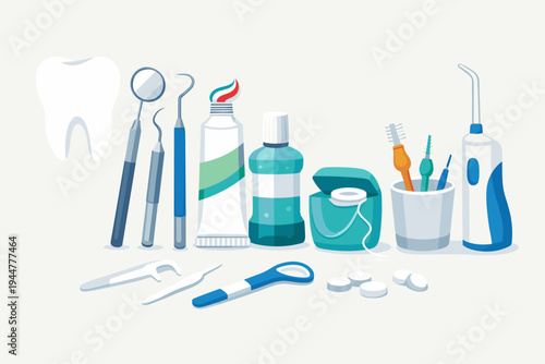 Professional Dental Care and Oral Hygiene Tools Collection Vector Illustration featuring Toothpaste, Mouthwash, Dental Floss, Interdental Brushes, Tongue Scraper, and Dentist Medical Instruments.