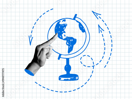 Halftone hand points to a globe. Concept of travel, world exploration. Different travel directions. Modern collage