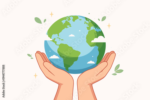 Hands holding planet Earth globe vector illustration for environmental protection, sustainability, and ecology. Earth Day celebration banner with green leaves and clouds on a light background.
