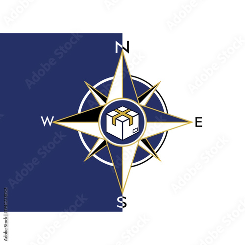 Navigation compass with cube symbol.