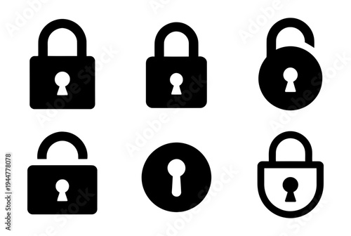 Collection of black security lock icons for secure access and protection vector illustration