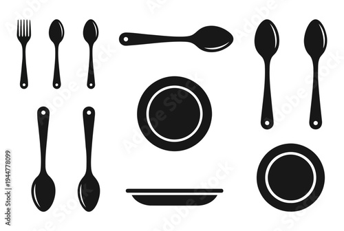 Stock vector of kitchen utensils and tableware including spoons forks and plates for cooking and dining