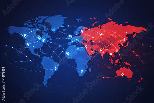 Global Network Connection Map with Blue and Red Regions and Digital Data Lines