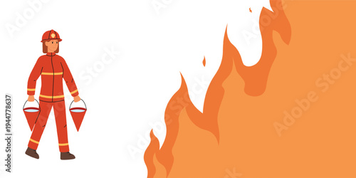 Educational fire safety poster. Large fire. Female firefighter with two conical buckets. Illustration about emergency situations.