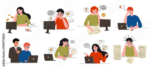 Collection of characters working in office. Burnout at work, fatigue from monitors documents work. Flat vector illustration.