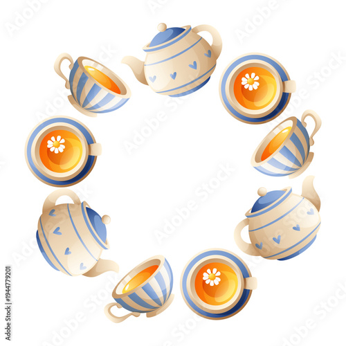 Tea cups and teapot circular frame with chamomile herbal tea vector illustration