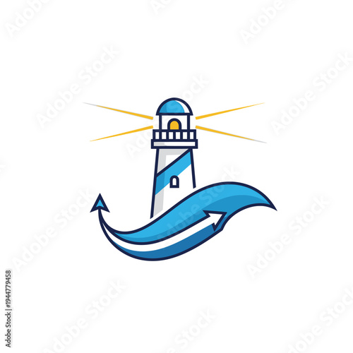 Lighthouse with blue wave design element.