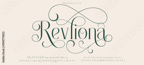 Revliona Elegant wedding alphabet letters font and number. Typography Luxury classic lettering serif fonts decorative vintage retro logo concept. vector illustration