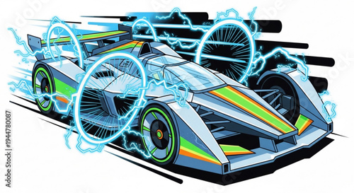 Electric racing car speeding with vibrant neon lights and dynamic motion blur on a white background