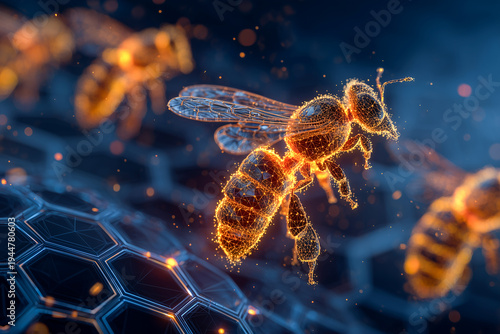  futuristic yellow and orange bee swarm hologram buzzing around honeycomb on dark navy blue background