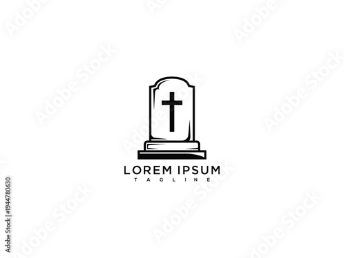 Tombstone Cross Logo Design Vector. Gravestone Memorial Icon for Funeral and Cemetery Services.