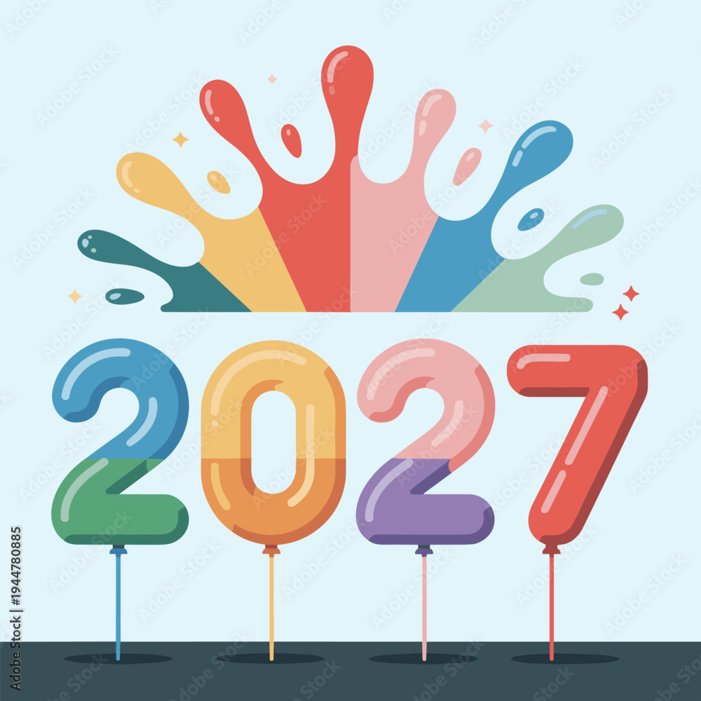 Obraz premium 2027 Color Splash Celebration Typography. Vibrant 2027 typography surrounded by colorful splash shapes. Perfect for festive designs, New Year promotions and celebration graphics.