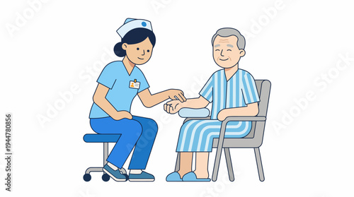 Nurse taking blood sample from elderly male patient in hospital setting.